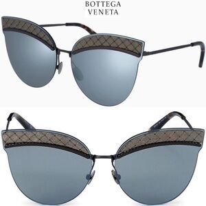 BOTTEGA VENETA BV0101S 002 RUTHENIUM/SILVER GREY MIRROR CAT EYE SUNGLASSES. 64mm